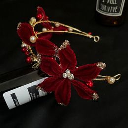 Barrettes à cheveux faites à la main en velours rouge, bijoux de style coréen, fleur en velours, perles, boucles d'oreilles, accessoires de mariage de luxe pour mariée