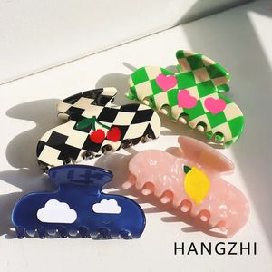 Pinzas para el cabello Barrettes HANGZHI Retro a cuadros Cherry Shark Claw Pink Heart Lemon Print Clip de cola para mujeres 2023 Sombreros de moda 231012