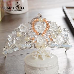 Pinzas para el cabello, pasadores HIMSTORY, corona clásica de diamantes de imitación de cristal, Tiara para novia, Color plateado, flor blanca, accesorio de princesa perla