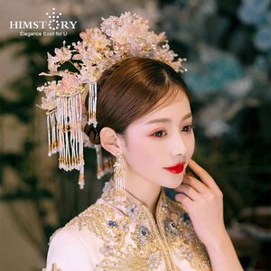 Haarclips Barrettes Himstory Est Chinese trouwhoofd Bruid Vintage Crystal Flower Phoenix Pink Floral Party Stage Jewelries