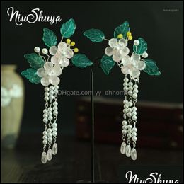 Pinzas para el cabello Barrettes Joyería Niushuya Hecho a mano Chino Vintage Hoja Verde Flor Clip Borla Horquilla Palos Accesorios Hanfu Cosplay Gota