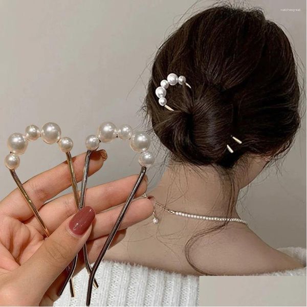 Barrettes à cheveux Barrettes coréennes en forme de U, épingles à cheveux en perles, épingles à cheveux simples en métal pour femmes et filles, bâtons pour chignon, accessoires de coiffure, goutte Ottx7