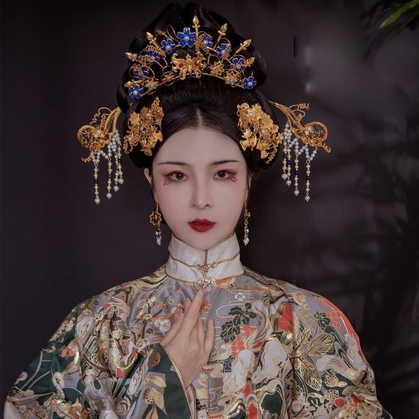 Pinzas para el cabello Pasadores Liao Chen Xiang Obra de arte antigua tradicional Incrustaciones de alambre Tiara azulada tallada a mano Corona ondeante Joya de cabeza de princesa Ming