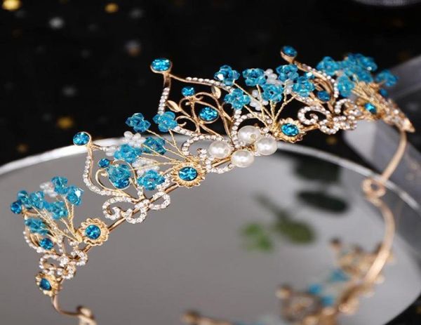 Clips de cheveux Barrettes Luxury Blue Crystal Pearl Traited Crown Bandband Children Princess Show Heathress Fairing Enchanting Temperam3382177