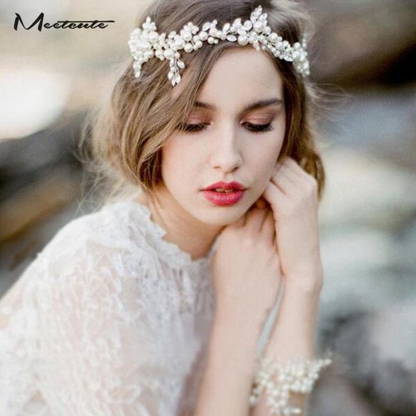 Pinces à cheveux Barrettes Meetcute 42 cm fait à la main en verre imité perle bandeau blanc mariée bande Bridals bijoux de mariage en gros