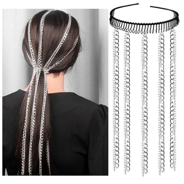 Clips para el cabello Barrettes MOGAKU Punk Metal Cadena para la cabeza Mujeres Sombreros Borlas largas Diademas Moda Rock Discoteca Joyería para damas Accessori