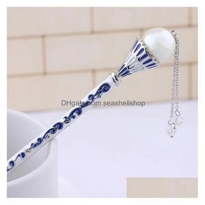 Pinces à cheveux Barrettes Morkopela Vintage style chinois épingles en émail bleu et blanc motif de Chine fleur bâton banquet épingles à cheveux accessoire Dh2Wu