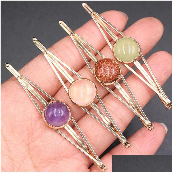 Pinzas para el cabello Barrettes Cuarzo rosa natural Piedra turquesa Bobby Pin Decoración Accesorios de joyería Entrega de gotas Hairjewelry Dhgarden Dhinj