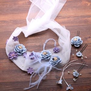 Haarclips Barrettes Pretty Blue Drooged Flower Pins Veil Set Bridal Headband Handmade Wedding Tiara Accessories Sieraden Hoofdtooi MAEA99