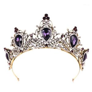 Pinzas para el cabello Barrettes Púrpura Vintage Corona Novia Boda Tiara nupcial Diadema Aro Piedra de diamantes de imitación Encantos de lujo Joyería Resplandor F219x