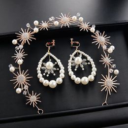 Pinces À Cheveux Barrettes Strass Perle Soleil Bandeaux Boucles D'oreilles Ensemble Or Mariée Chapeaux Accessoires De Mariage Bijoux Pour Son Cadeau Femmes Diadèmes