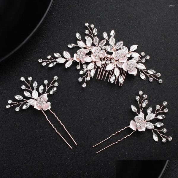 Clips para el cabello Barrettes Color oro rosa Floral Peine de novia Conjunto de pasadores Accesorios de pieza de cristal Mujeres Tocado de fiesta Joyería de entrega de gota Oteao