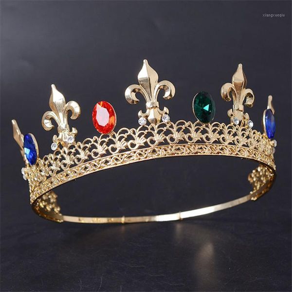 Pinzas para el cabello Barrettes Redondo Grande Azul Color Oro Rey Corona Tiara Adornos de fiesta Cabeza de diamantes de imitación Accesorios de joyería de boda Tocado para