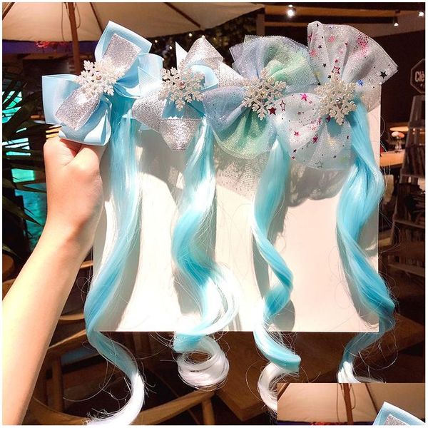 Pinzas para el cabello Barrettes Copo de nieve Arco Nudo Clip para el cabello Peluca azul de dibujos animados Niños Niña Bobby Pin Horquilla Cosplay Princesa Moda J Dhebz