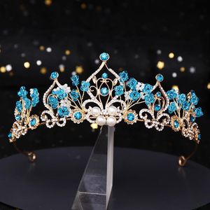 Coix de cheveux Barret la princesse Crown Flower Pearl Blue Crystal Bridal Diadem Wedding Tiara Headpice Jewelry Accessoires