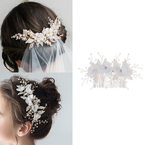 Pinzas para el cabello Pasadores Vintage Color dorado Tiaras Peines con horquillas Conjuntos Flores blancas Rhinestone Perla Tocado Boda Nupcial Accesorio