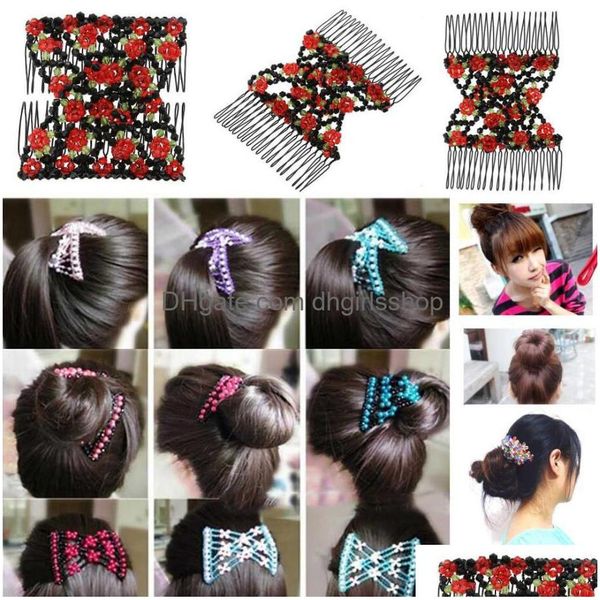 Pinces à cheveux Barrettes Vintage Peigne Magique Femmes Perles Élastiques Accessoires Bun Holder Griffe Peigne-Stay Stretchy Headwear Hairs Styling Dhus4