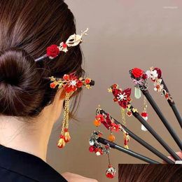 Clips para el cabello Barrettes Vintage Flor roja de madera Horquilla para mujeres Antiguo Stick Girl Clip Accesorios chinos Año Joyería Gota Entregar Ot9Fl