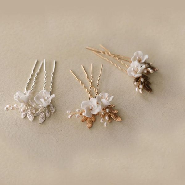 Pinzas para el cabello Barrettes Alfileres de boda Flor de cerámica Tocado nupcial Oro Plata Color Hoja Joyería Perlas Mujeres Boddy PinHair