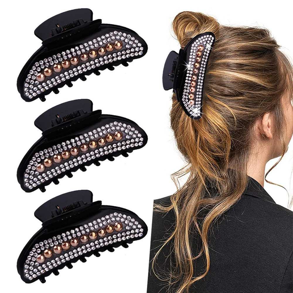 Hårklämmor Barrettes Womens Crystal Anti Slip Hair Clip Pearl Crab Svart Bucket som används för Daily Life Party Headwear
