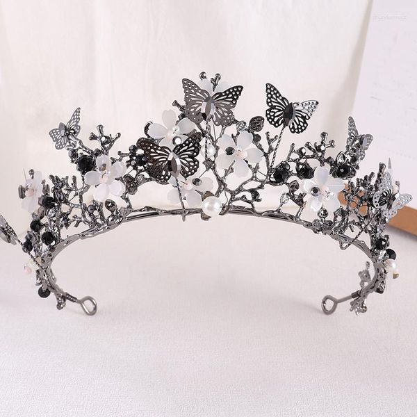 Pinzas para el cabello, cuentas de cristal negro, tiara nupcial, mariposa, corona de princesa para mujer, accesorios de boda