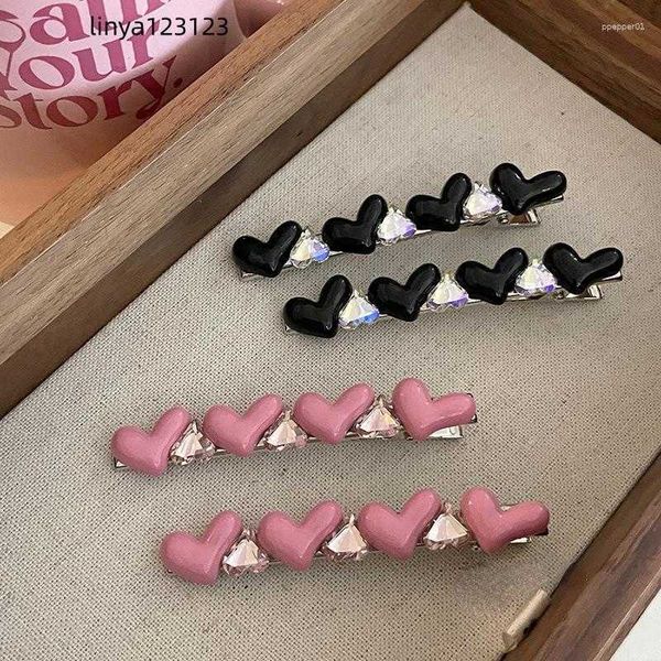 Pinces à cheveux avec strass noir et rose, Clip en forme de cœur d'amour irrégulier, épingle à cheveux esthétique, accessoires de mode coréenne pour femmes