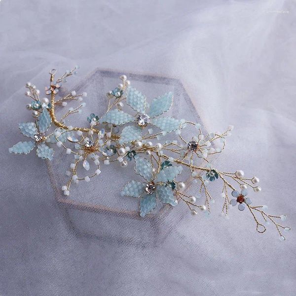 Pinces à cheveux couleur bleue, pièce de mariée florale, perles, bijoux de mariage, faits à la main, accessoires pour femmes, couvre-chef