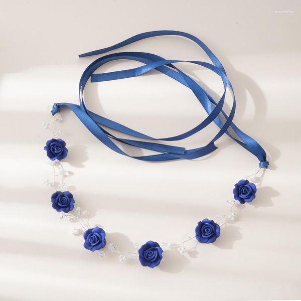 Pinces à cheveux bleu fleur bandeaux pour mariée accessoires de mariage ruban de soie bandeau perle Floral casque demoiselle d'honneur bijoux