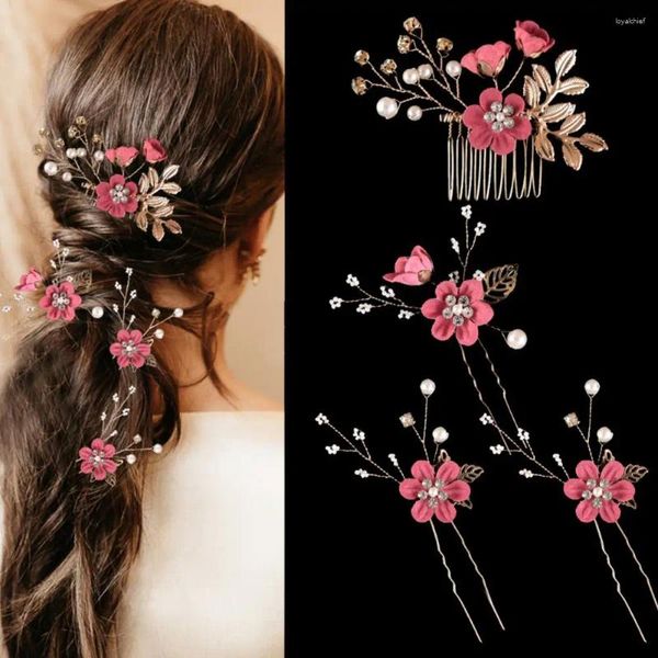 Pinzas Para El Cabello Accesorios Nupciales Horquillas De Perlas De Imitación Conjunto De Peine Lateral De Flores Elegante Para La Novia De Boda Dorado