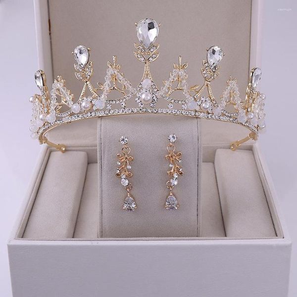 Pinzas para el cabello Conjunto de aretes de corona nupcial Hoja con incrustaciones de cristal Diadema hecha a mano Accesorios de cumpleaños de boda