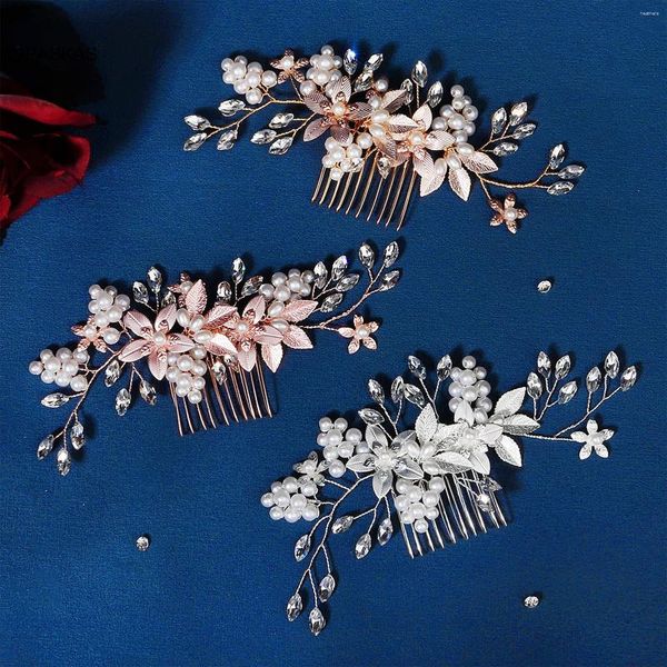 Clips de cabello Cirora de flores hechas a mano de novia Pearls Pearls Aleación Barrette Rhinestones brillantes para bodas Floral Joyería Piece