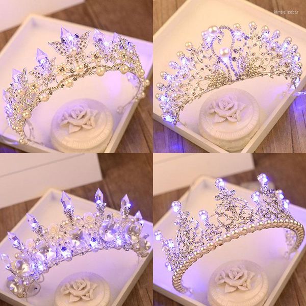 Pinces à cheveux diadème et couronne de mariage, princesse LED, perles, strass, cristal, fête de 18e anniversaire, bijoux à la mode, concours, 2023