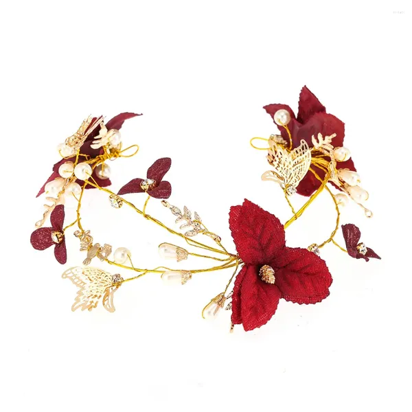 Pinces à cheveux de mariée, bandeaux à fleurs rouges vin, coiffure en perles, couronnes de papillon, diadèmes, bijoux, accessoires de fête de fiançailles et de mariage