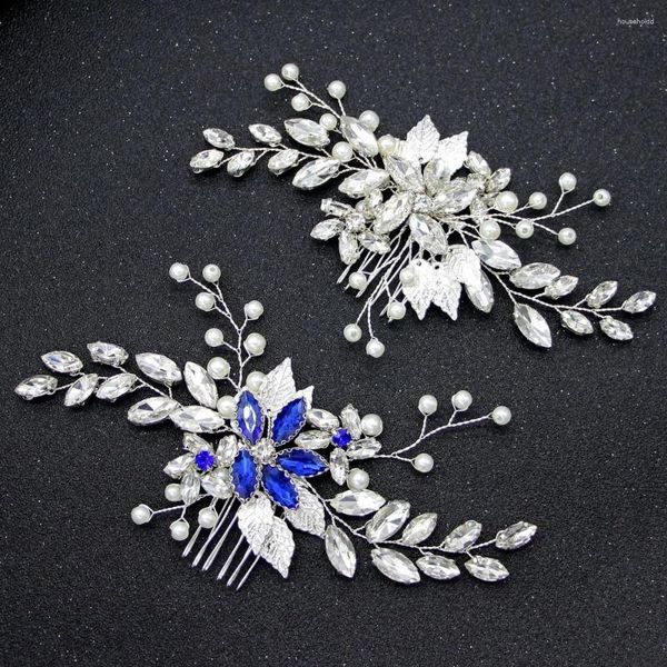 Pinzas para el pelo para novia, peine Simple europeo y americano, accesorios de tocado para vestido de banquete, hechos a mano, color azul perla.