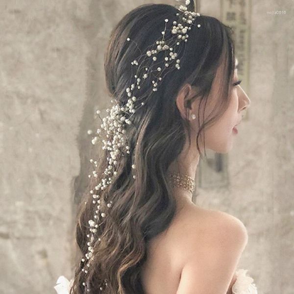 Pinzas para el pelo, tocado de boda para novia, hecho a mano con cuentas, perla, alambre de cobre, corona alargada, diadema, accesorios para vestido