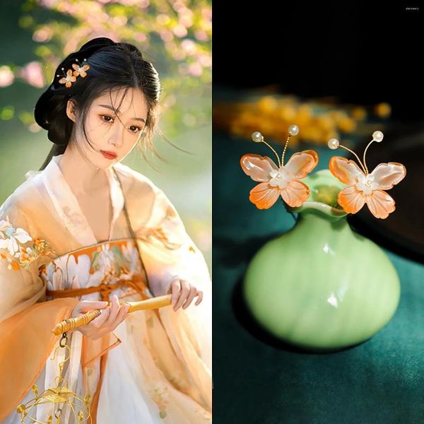 Pinces à cheveux papillon, épingle à cheveux chinoise Hanfu, accessoires perle en forme de U, fourchette à Clip classique Floral pour filles, bijoux féeriques