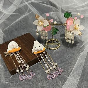 Pinces à cheveux dessin animé enfants casque pour filles perle fleur gland épingles à cheveux chinois Hanfu accessoires coiffure bijoux