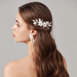Coix de cheveux Céramique Floral Bridal Peigne avec boucles d'oreilles Gold Couleur Femmes Bijoux Mariage Fille Fille Fille Girl Girl