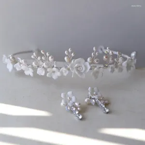 Haarclips keramische bloemen bruiloft kroon bruids tiara stuk met oorbellen zoetwaterparels vrouwen sieraden haarband