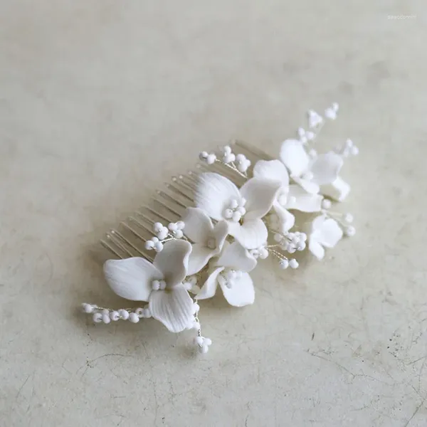 Pinces à cheveux en céramique, peigne en perles de fleurs, pièce de mariée, accessoires de bal de mariage, bijoux faits à la main pour femmes