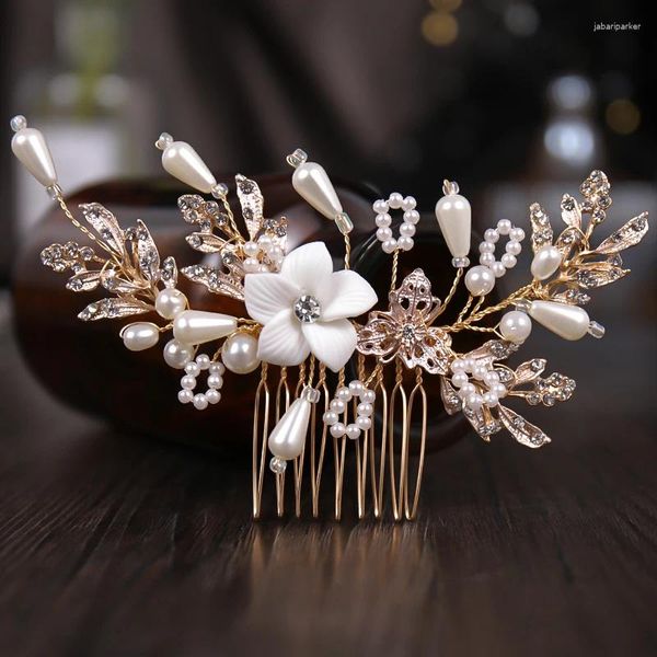 Pinzas para el cabello, peinetas de boda de cristal con flores de cerámica para tocado nupcial, Tiara, horquillas hechas a mano de Color dorado, accesorios