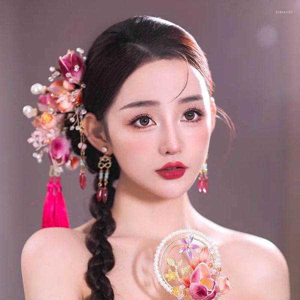 Pinces à cheveux de mariée chinoise, fleur en velours faite à la main, épingles à cheveux de Costume ancien, accessoires de mariée