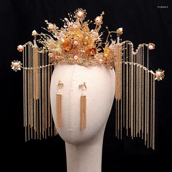 Pinces à cheveux, ensemble d'ornements de coiffure de mariée chinoise, pompon, couronne de phénix, Costume, accessoires de mariage, vente en gros