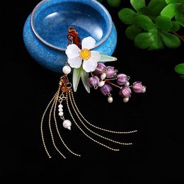 Haar Clips Chinese Haarspeld Paars Glazuur Lelie Bloem Meisjes Hanfu Decor Side Pins Vintage Kwastje Haarspeldjes Wedding Tiara Sieraden