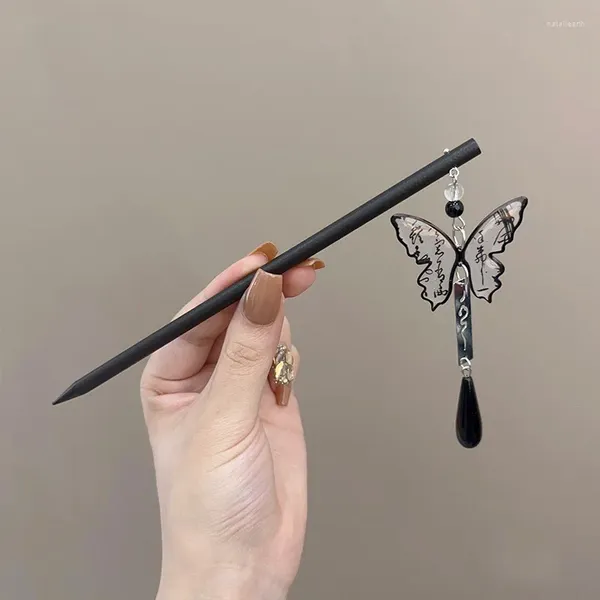 Pinzas para el cabello para mujer, caligrafía de tinta china, palos de borlas de mariposa, temperamento Retro, elegantes palillos de madera, accesorios