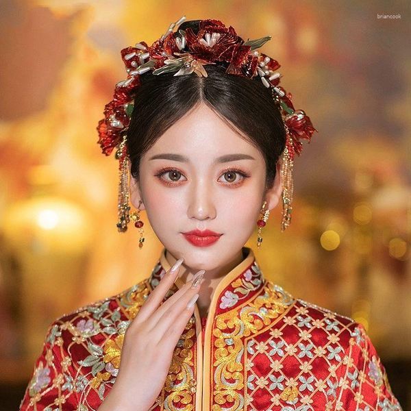 Pinces à cheveux chinois rétro mariée mariage spectacle Hanfu coiffure rouge liquide fleur classique modélisation bijoux cristal bandeau