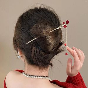 Haarspeldjes Chinese Stok Rode Roos Bloemen Haarspeld Tiara's Voor Vrouwen Kwastje Metalen Klassieke Meisjes Broodje Sieraden Meisje Retro Bijoux