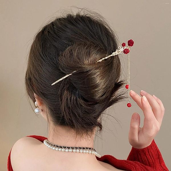 Pinzas para el cabello palo chino rosa roja horquilla Floral Tiaras para mujeres borla Metal clásico moño para niñas joyería Retro Bijoux