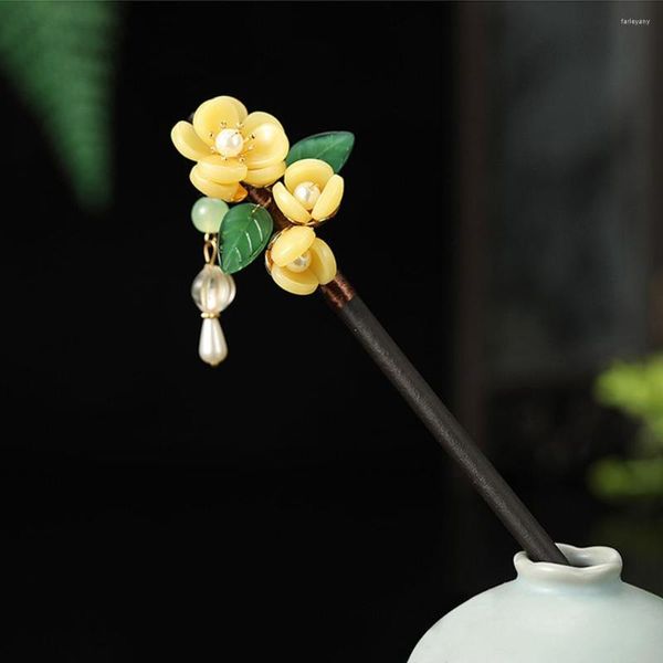 Pinces à cheveux bâtons chinois épingles à cheveux fleur jaune en bois Hanfu décor accessoires filles ancien chignon baguettes bijoux