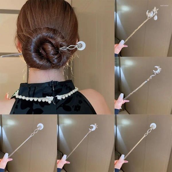 Pinces à cheveux Style chinois, croissant de lune en acrylique, épingle à cheveux Hanfu, accessoires anciens, pompon en alliage de perles